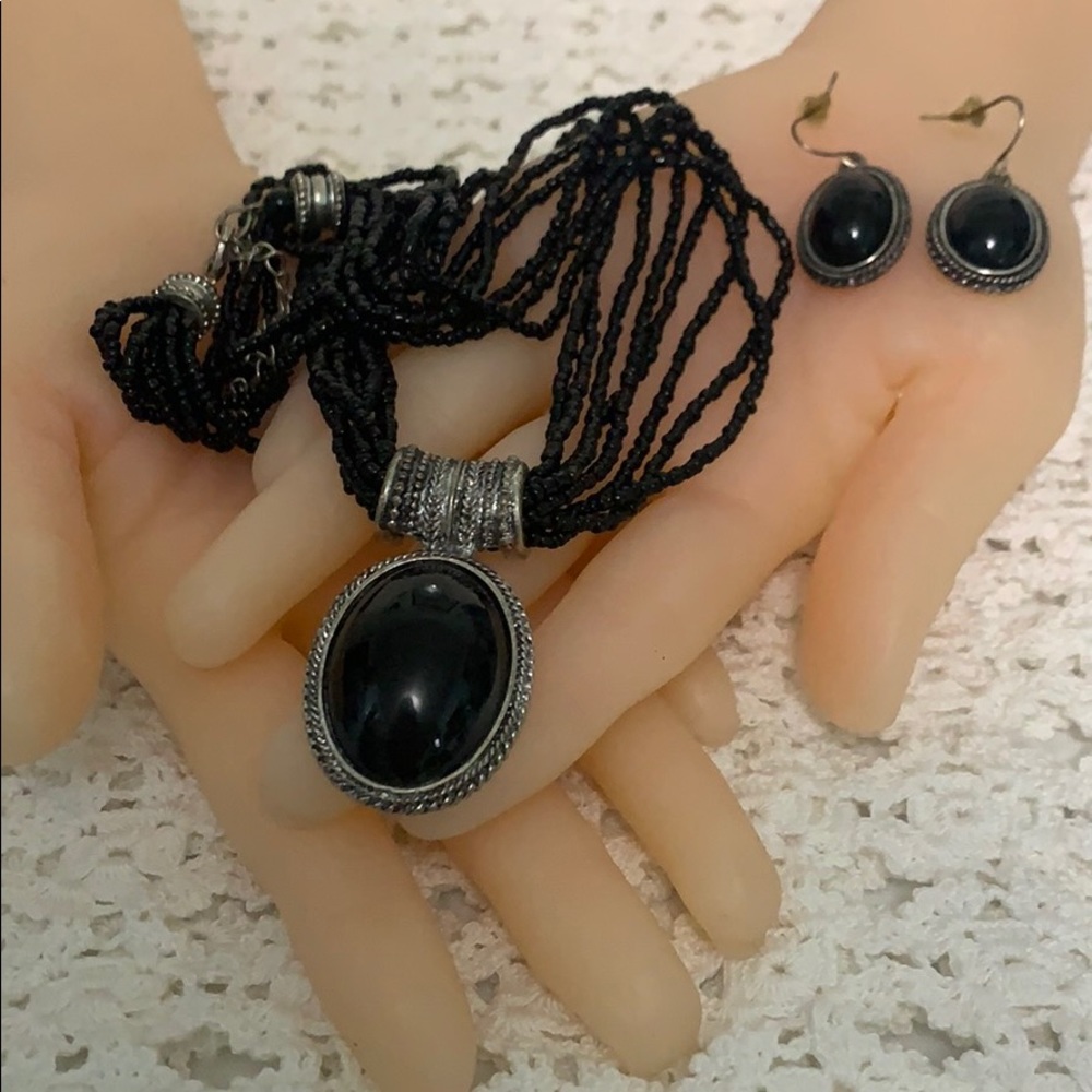 Vintage Onyx (w/black seed bead) Jewelry Set